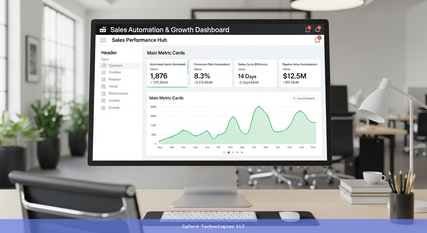 Modern tech office dashboard displaying sales automation metrics and growth charts